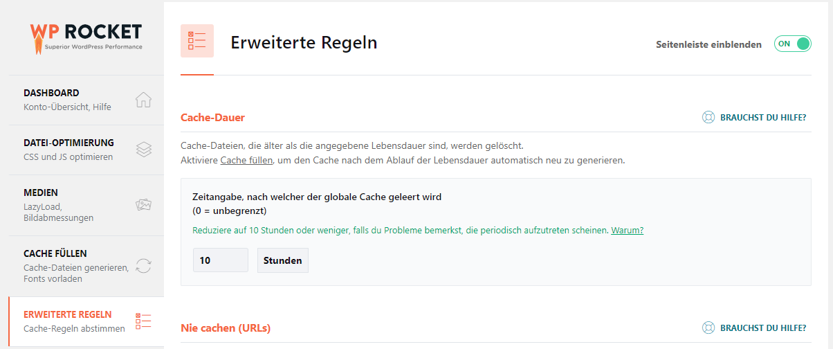 wp rocket cache dauer einstellen