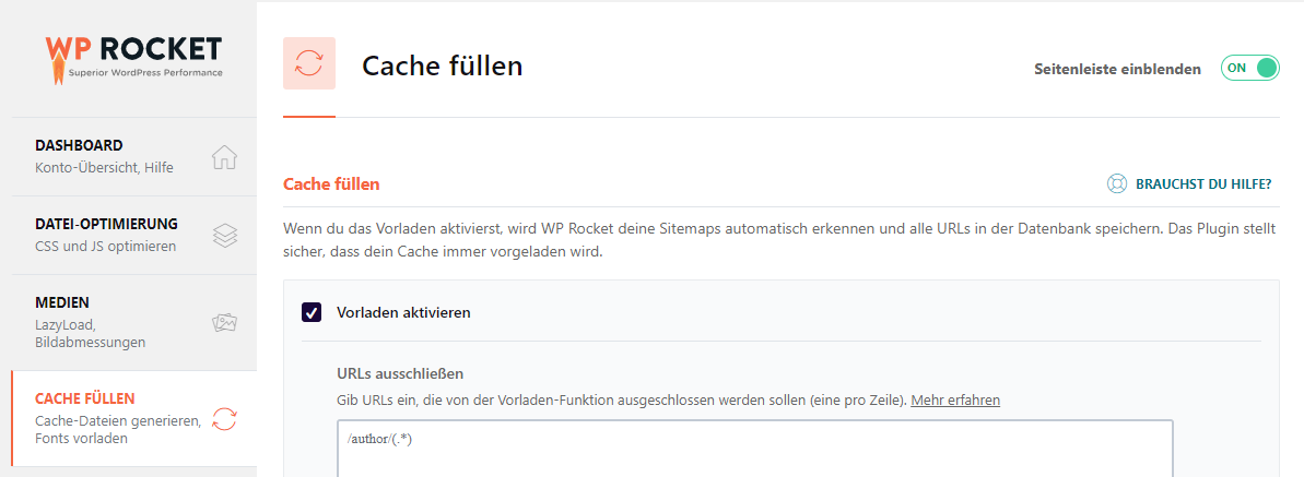 wp rocket cache einstellungen